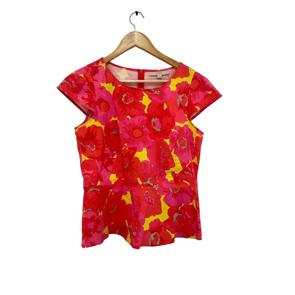 Ann Taylor LOFT Floral Peplum Top Red Pink Yellow Cap Sleeve Size 6